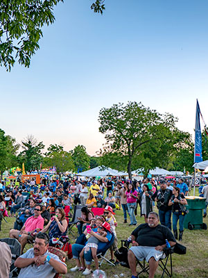 People sitting, standing at a concert during a state fair