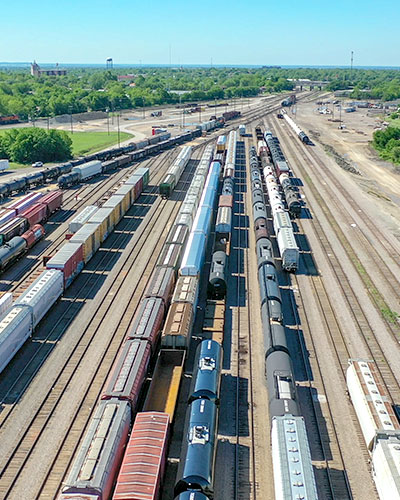 A railroad yard housing copious amounts of trains