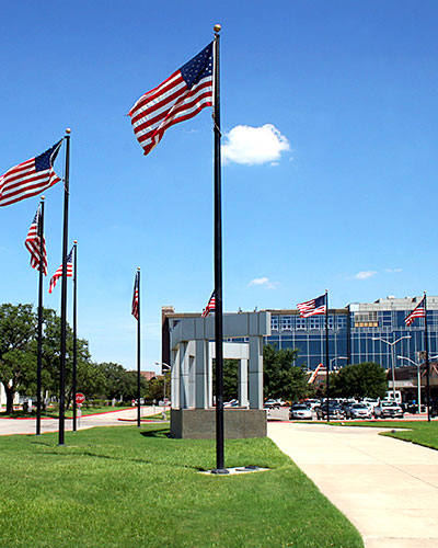 A road of flags arranged in a curved line with an artistic sculpture and a building in the background