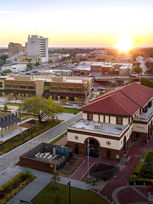 Drone shot of downtown Temple during sunset