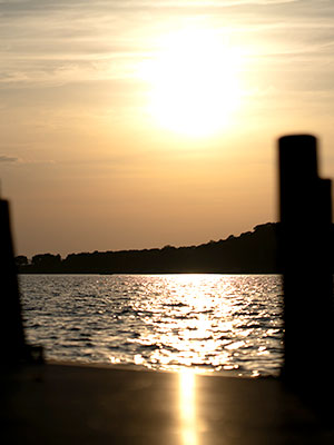 A ground-level shot of a lake at sunset