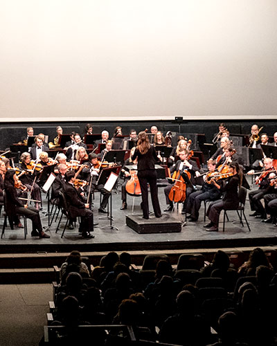 In-audience shot of a professional orchestra playing