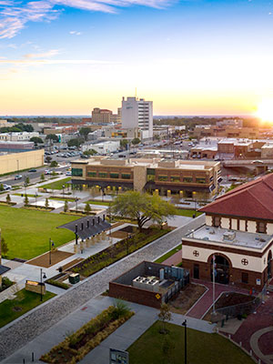 Drone shot of downtown Temple at sunset