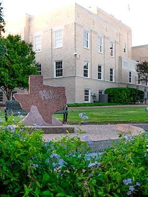 Courtyard shot in front of a building showing a sculpture in the shape of Texas