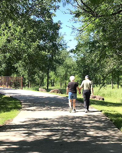 Elderly couple walks on a paved path through green woods