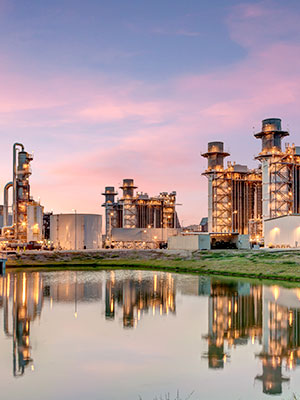 Factory behind a retention pond